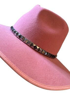 Olivia & Pique Women's Pink 100% Wool Wide Brim Cowboy Hatwith Pyramid Stud Trim